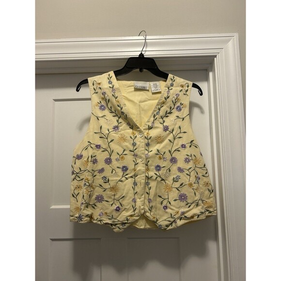 Vtg 90s Y2K Floral Embroidered Yellow Vest Womens Large Tie Back Cottage Boho - Picture 1 of 4